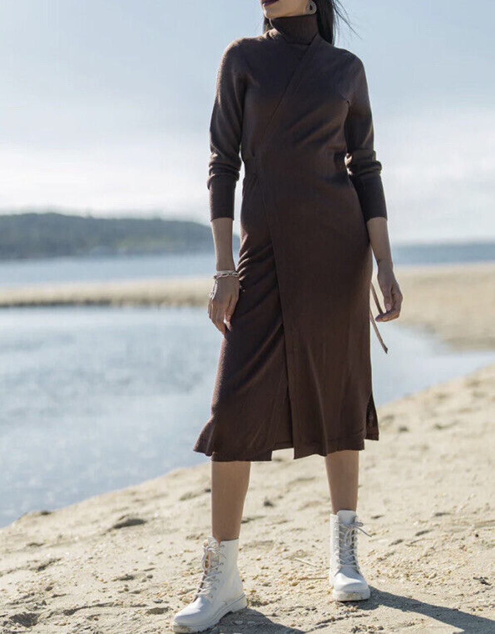 Ellie Makir Wrap Long Sleeve brown midi dress/cardigan size L